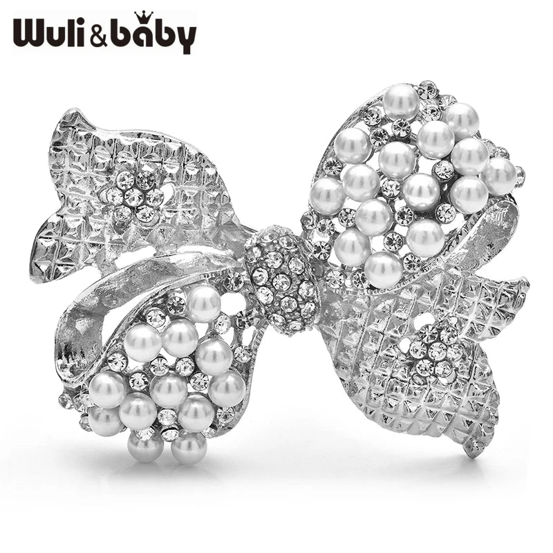 Wuli&baby Beautiful Pearl Bowknot Brooch Pins For Women Unisex Rhinestone Bow Office Party Brooches Fashion Jewelry Gifts