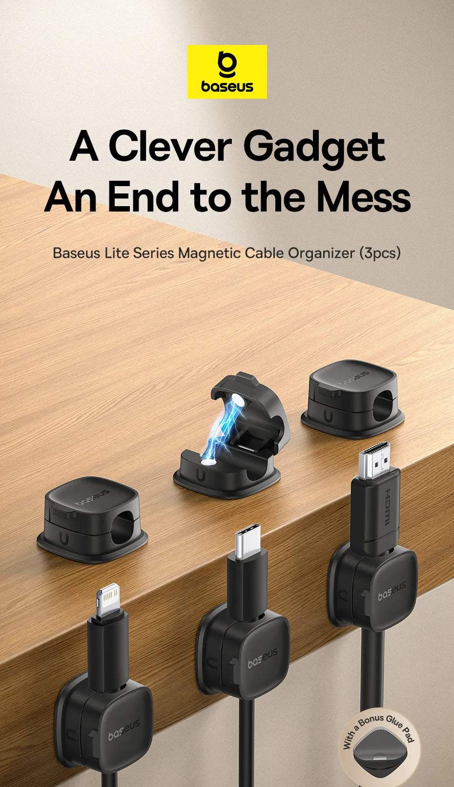 Baseus Cable Organizer Holder Magnetic Cable Smooth Adjustable Cord Holder Under Desk Cable Management Wire Keeper Cable Clips