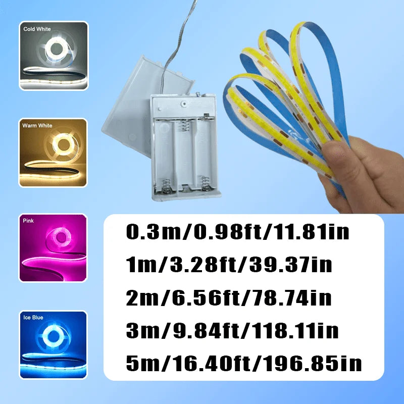 3AA Battery Box COB LED Strip Lights, 5V Flexible COB Strip Light, Flexible Ribbon Diode Tape for Party, Bedroom, Kitchen
