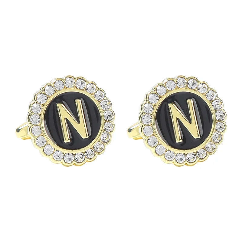 New Round Rhinestone Cufflinks for Men 26 English Letter Cuff Links Button French Business Accessories Gifts