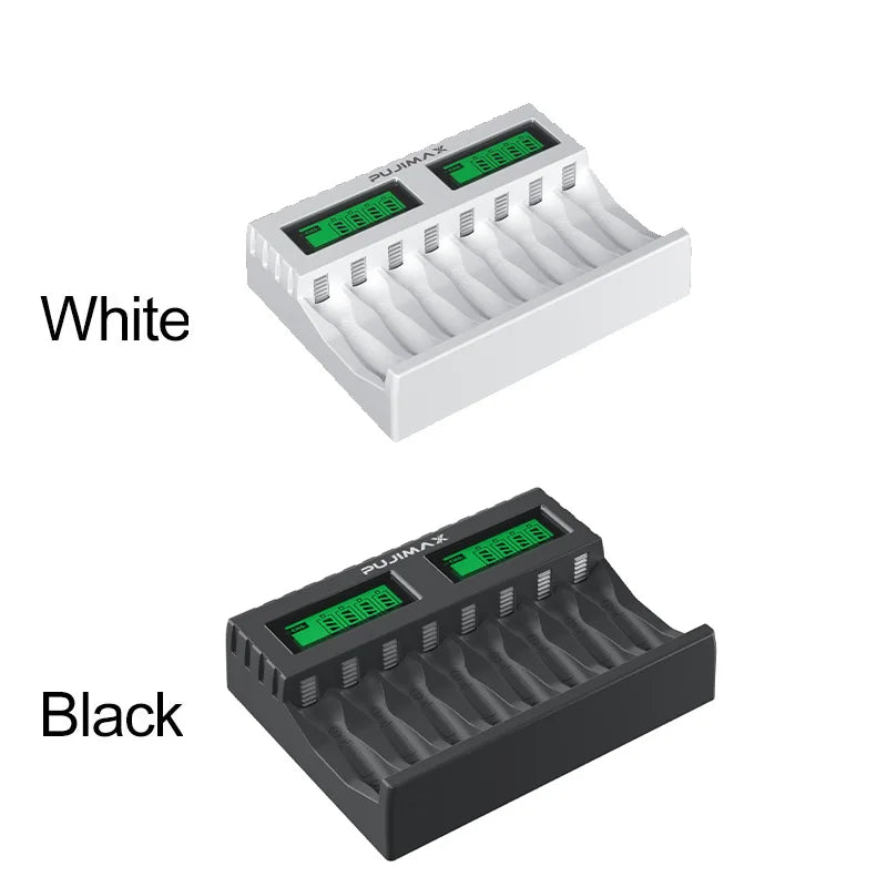 PUJIMAX 8-slot Battery Charger Suitable 1.2V AAA/AA Rechargeable Battery Short Circuit Protection LED Display NiMH/NiCd Charger