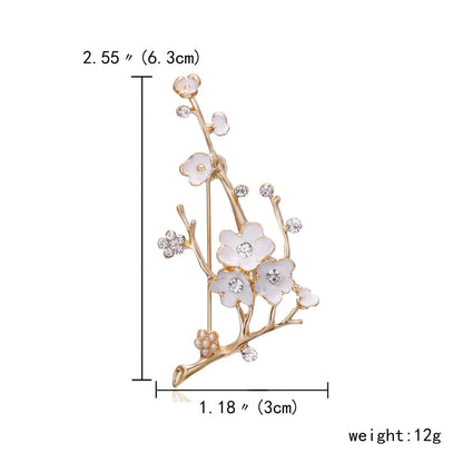 Elegant White Enamel Plum Blossom Brooches For Women Men Vintage Rhinestone Peach Flower Branches Buckle Pins Banquet Jewelry