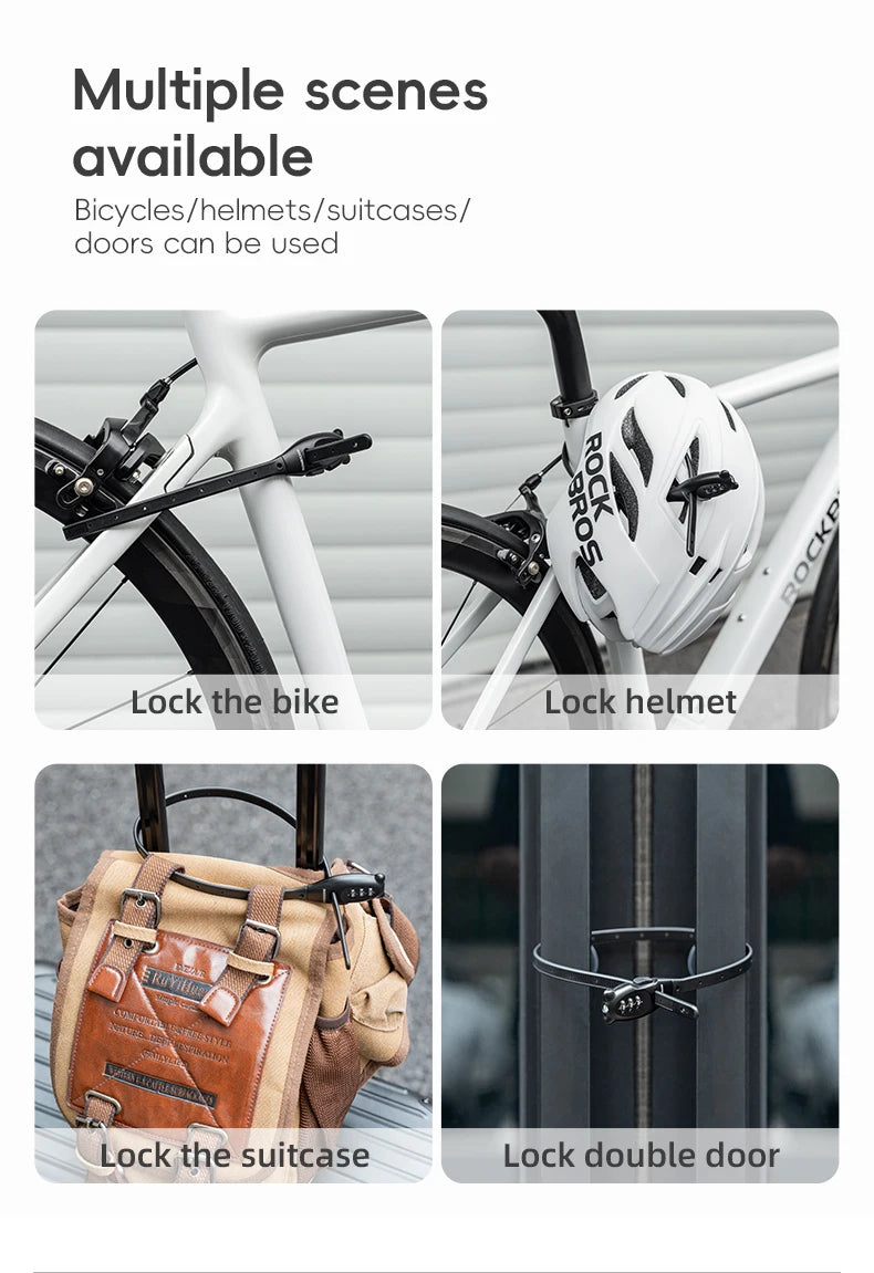 ROCKBROS Portable Bicycle Lock Cable Tie Zinc Alloy Lock Helmet Password Lock Anti-Theft Safety Freely Adjustable Rope Lock
