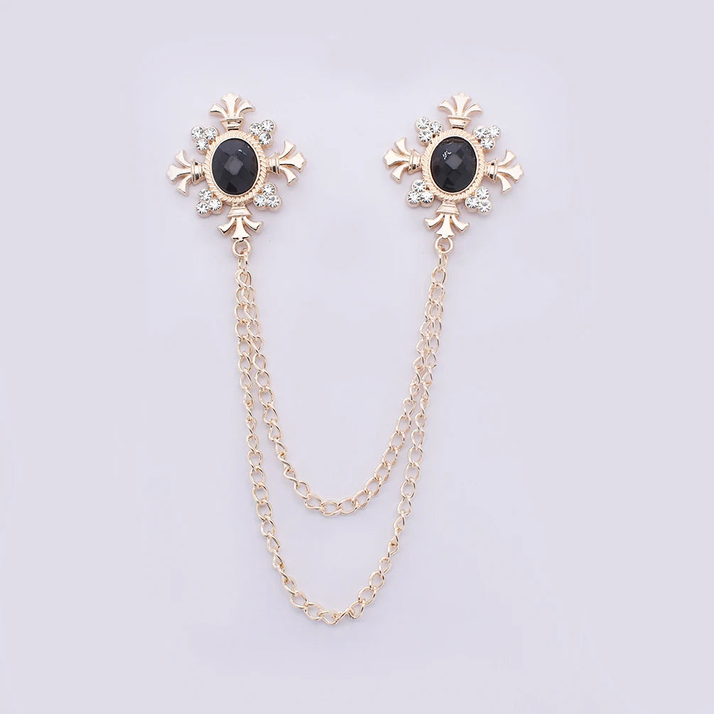 Korean Fashion Geometric Crystal Brooch Tassel Chain Lapel Pin Men's Shirt Collar Jewelry Wedding Party Brooches Accessories