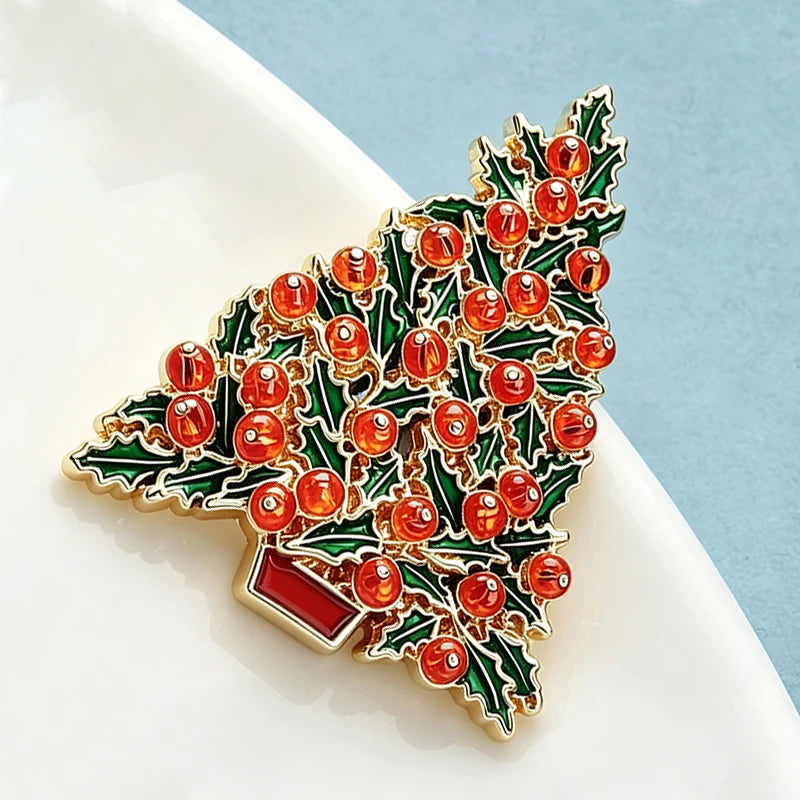 Wuli&baby Christmas Tree Brooches For Women Unisex Enamel Red-beads New Year Tree Party Casual Brooch Pin Gifts