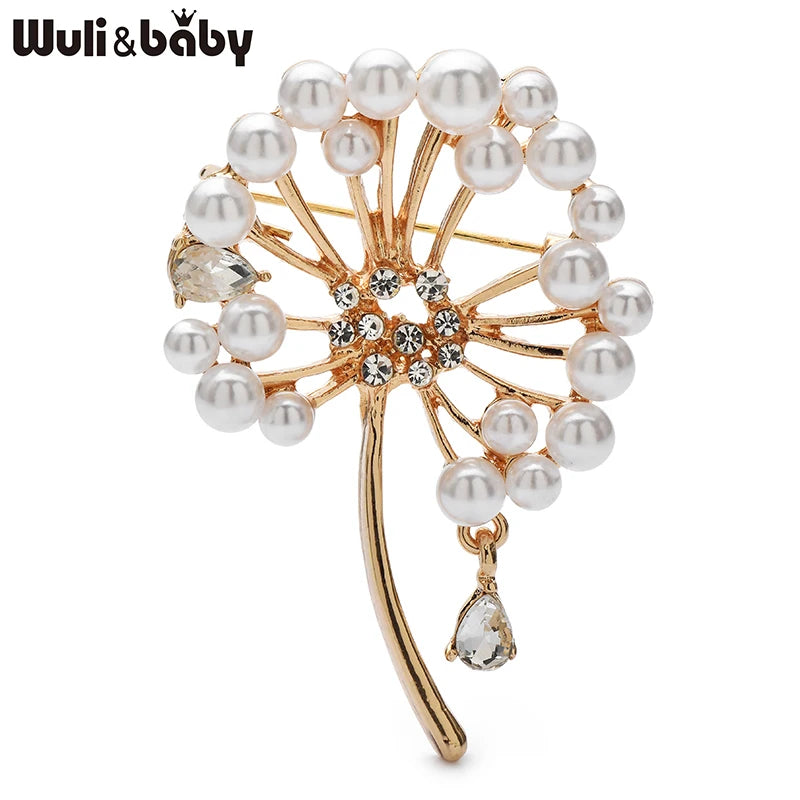 Wuli&baby Elegant Pearl Dandelion Flower Brooches For Women Unisex 2-color Plants Party Office Clothes Brooch Pins Gifts