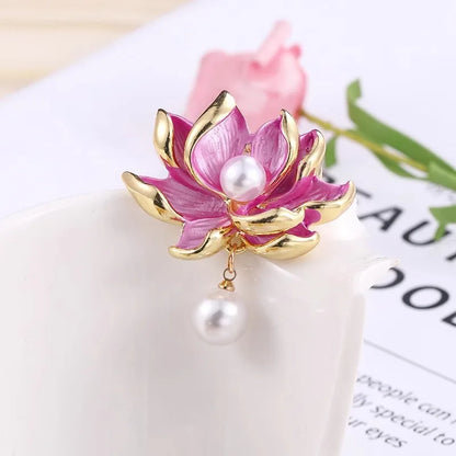 Vintage Chinese Stylish Glaze Painted Lotus  Pearl Brooches For Women Fashion Flower Plant Pin Jewelry Office Party Unisex Gift