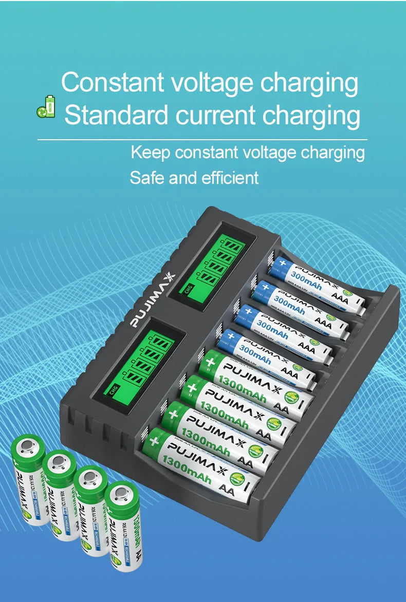 PUJIMAX 8-slot Battery Charger Suitable 1.2V AAA/AA Rechargeable Battery Short Circuit Protection LED Display NiMH/NiCd Charger