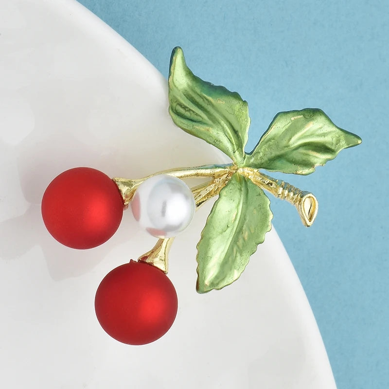 Wuli&baby Cute Red Cherry Brooches Pins For Women Unisex Beautiful Enamel Fruits Plants Party Casual Brooch Gifts
