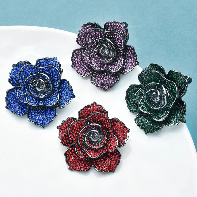 Wuli&baby Luxury Shinning Rose-flower Brooches For Women 4-color Full Rhinestone Charming Flower Plants Office Party Brooch Pins