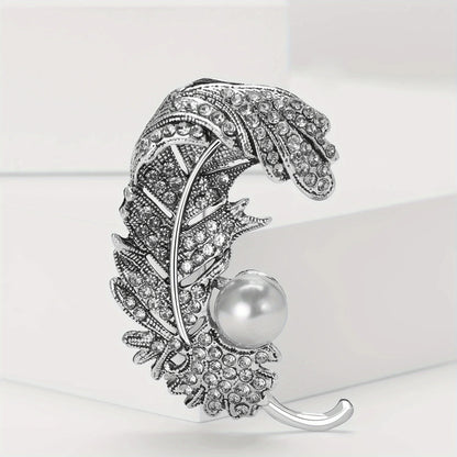 SKEDS Women Men Fashion Exquisite Crystal Feather Pearl Brooch Pin Elegant Classic Lady High-end Badges Accessories Gift