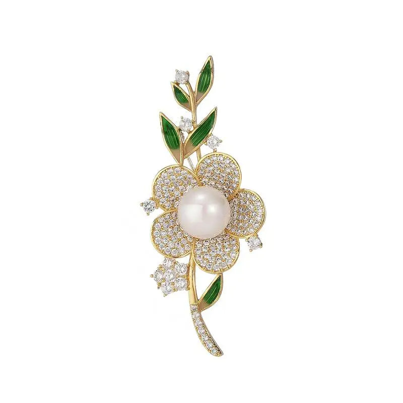 New Flowers Pearl Enamel Leaves Brooches for Women Men Elegant Plant Suit Coat Winter Accessories Pins