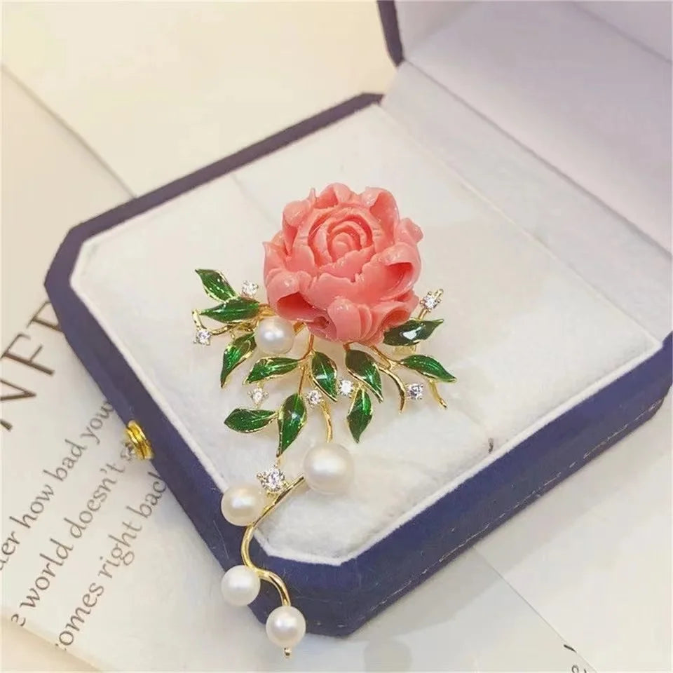 Elegant Pink Peony Brooch For Women Luxury Zircon Flower Leaf Imitation Pearl Corsage Sweet Lady Coat Sweater Clothing Jewelry
