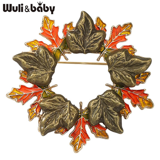 Wuli&baby Enamel Leaves Wreath Brooches For Women Unisex Beautiful Flower Circle Christmas New Year Brooch Pin Gifts