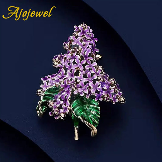 Ajojewel Purple Lilac Flower Brooch For Woman Beautiful Enamel Plant Jewelry Suit Pin Wholesale