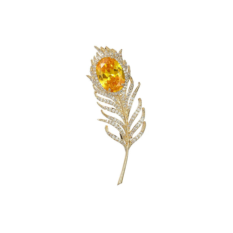New Green Yellow Crystal Feather Lapel Pin for Women Men Inlaid Cubic Zirconia Coat Suit Accessories New Year Jewerly Gifts