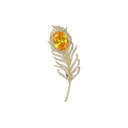 New Green Yellow Crystal Feather Lapel Pin for Women Men Inlaid Cubic Zirconia Coat Suit Accessories New Year Jewerly Gifts