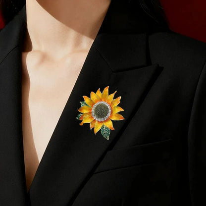 Sunflower Brooch for Women Enamel Rhinestone Flower Pin Elegant Suit Accessory for Wedding Party Gift