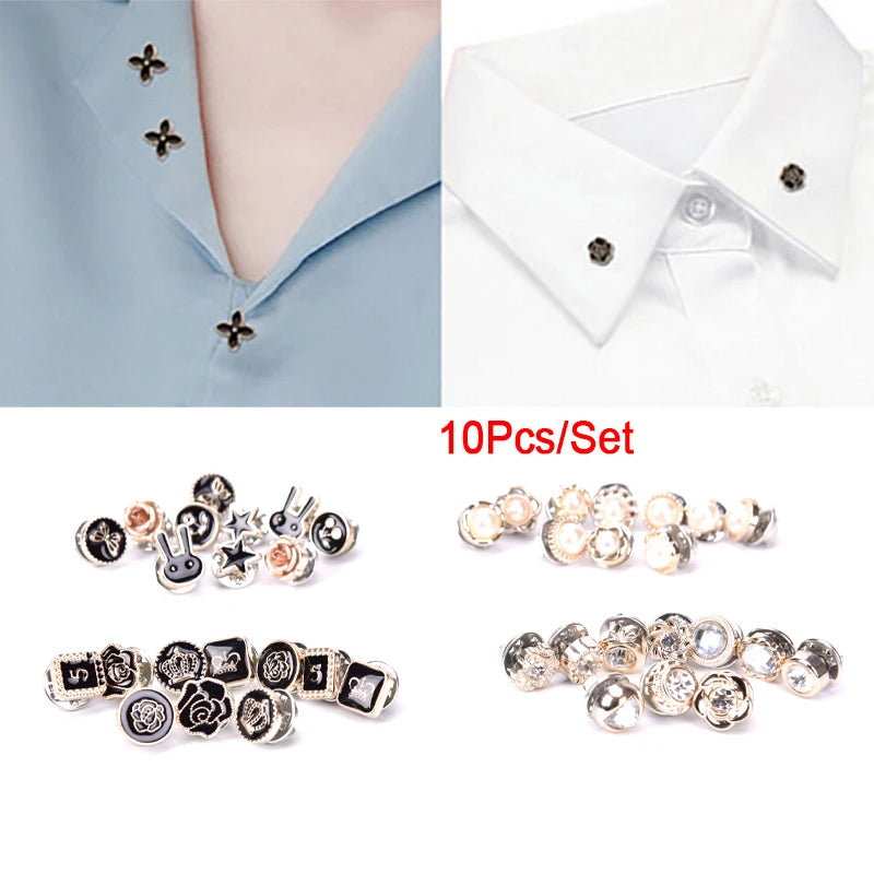 10Pcs Mini Pearl & Crystal Flower Brooch Set – Stylish Suit, Shirt, & Lapel Collar Pins for Women, Elegant Button Accessories