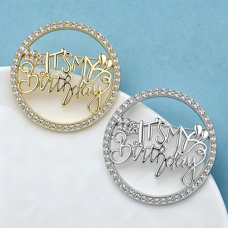 Wuli&baby Beautiful Birthday Brooches For Women Unisex 2-color Circle Rhinestone Metal Birthday Party Causal Brooch Pins Gift