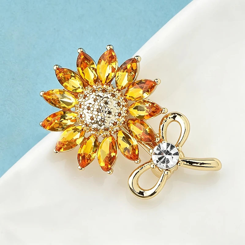 Wuli&baby Lovely Sunflower Brooches For Women Unisex Rhinestone Flowers Summer Collar Brooch Pin Fashion Jewelry Gifts