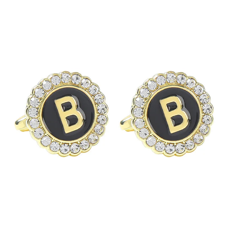 New Round Rhinestone Cufflinks for Men 26 English Letter Cuff Links Button French Business Accessories Gifts