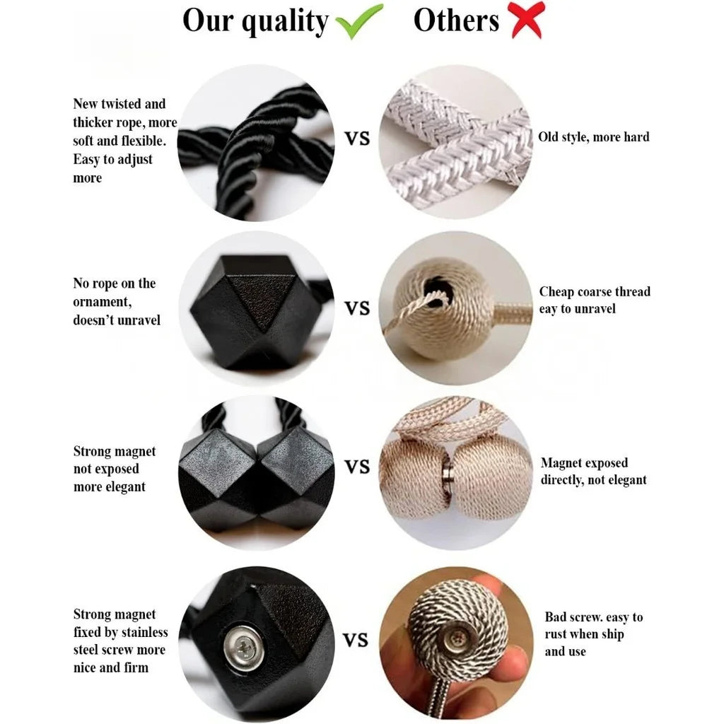 2/4pcs Curtain Tiebacks with Strong Magnet Thick Rope Design Bedroom Living Room Kitchen Durable for Office, Home Decoration