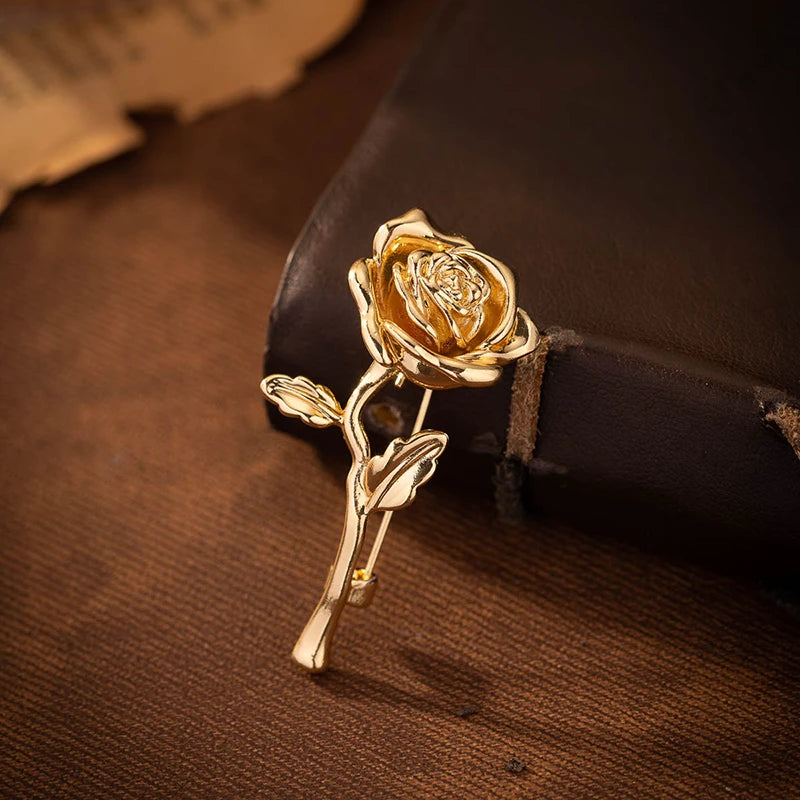 Luxury High-End Gold-Tone Rose Flower Brooch Pin For Women & Men - Elegant Suit Coat Badge Fashion Jewelry Lapel Accessory^