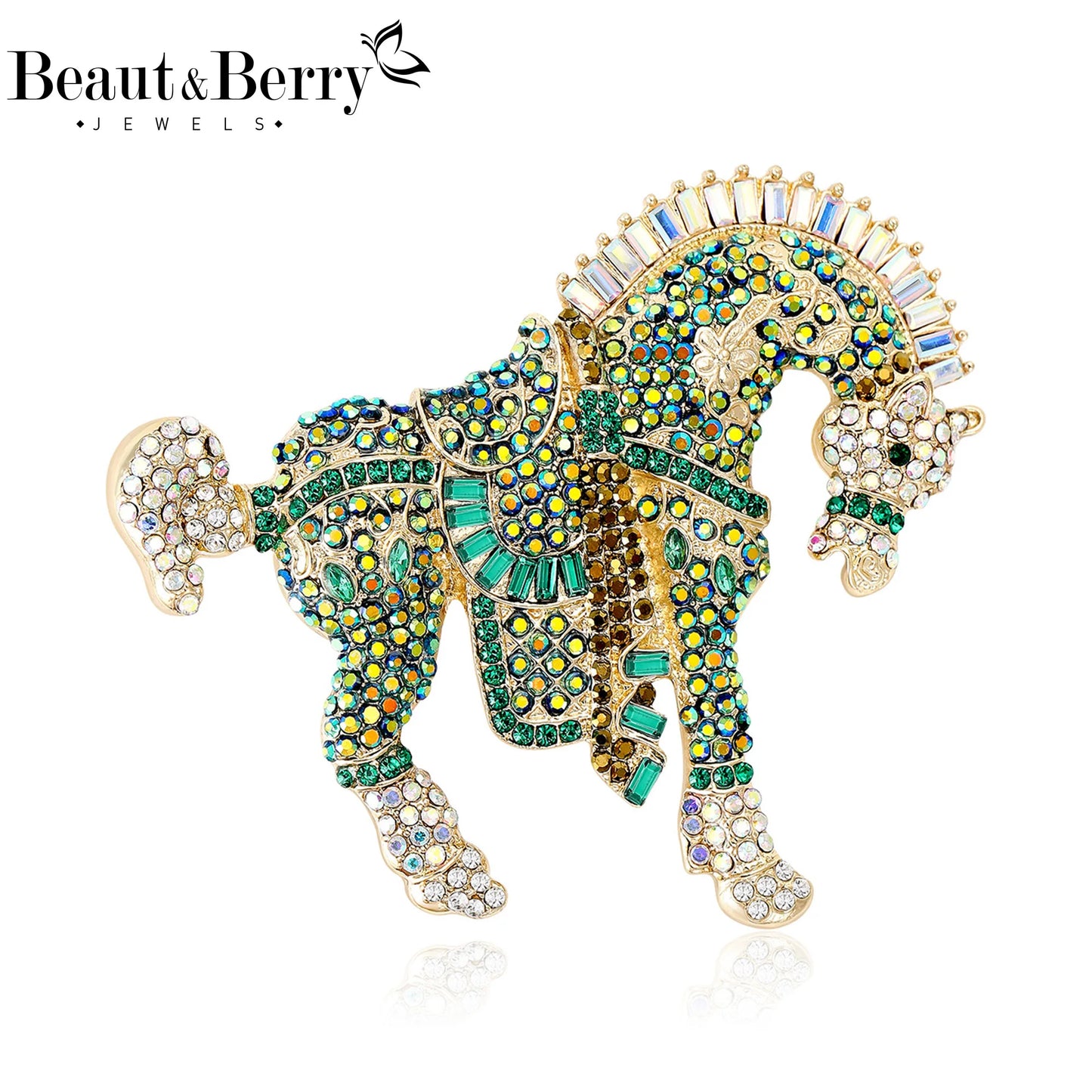 Beaut&Berry Luxury Rhinestone Horse Brooches for Women Unisex Zodiac Animal Pins Casual Party Accessories New Year Gifts Friends