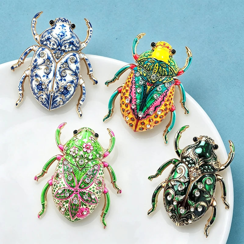 Wuli&baby Lovely Beetle Brooches For Women Men 4-color Rhinestone Blue-and-white Porcelain Insects Party Casual Brooch Pins Gift