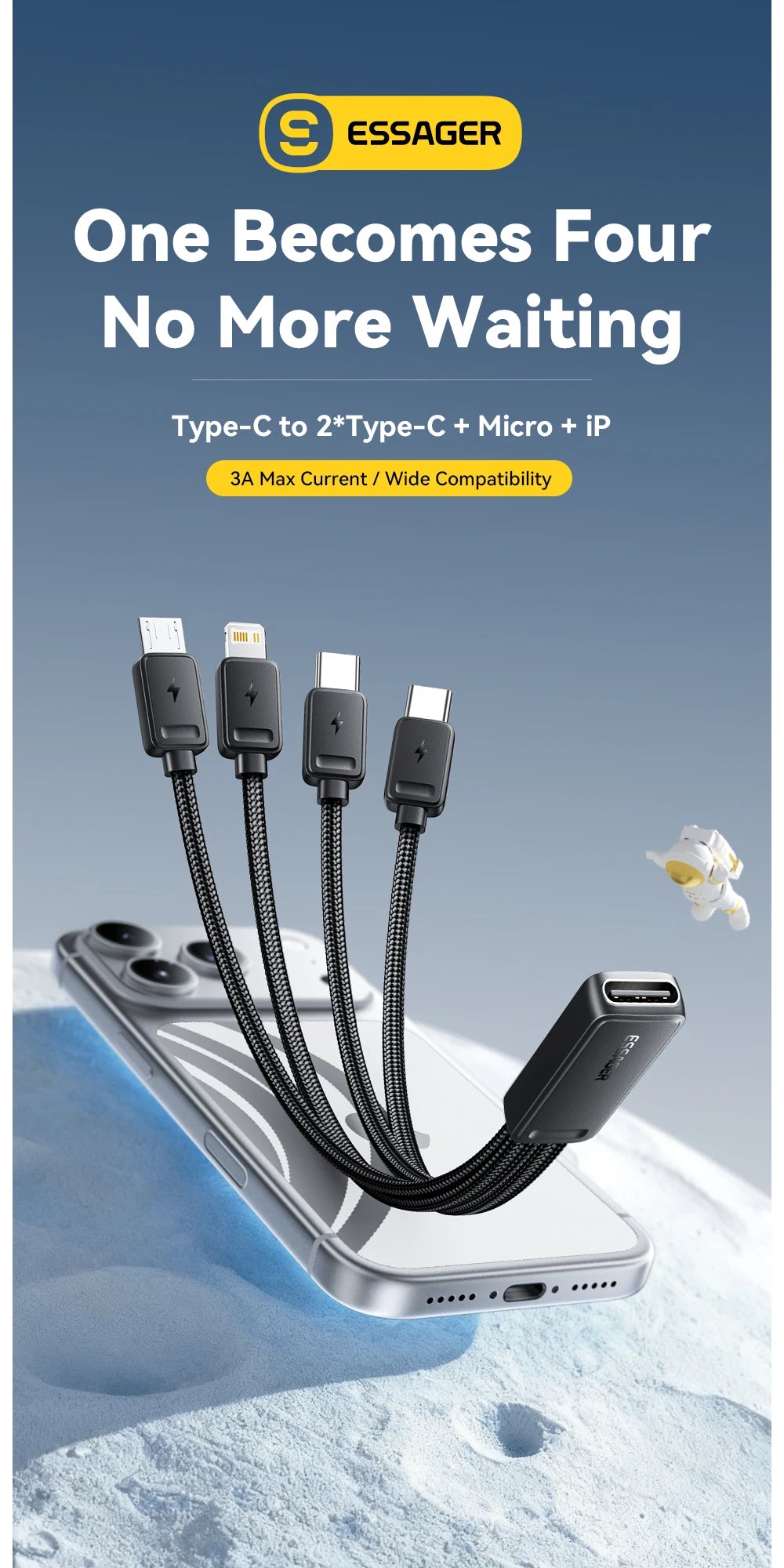 Essager Portable 4-in-1 Fast Charging Cable For Travel Type C Female To Multi USB Cable With 2 Type C, Micro, Lightning Adapters