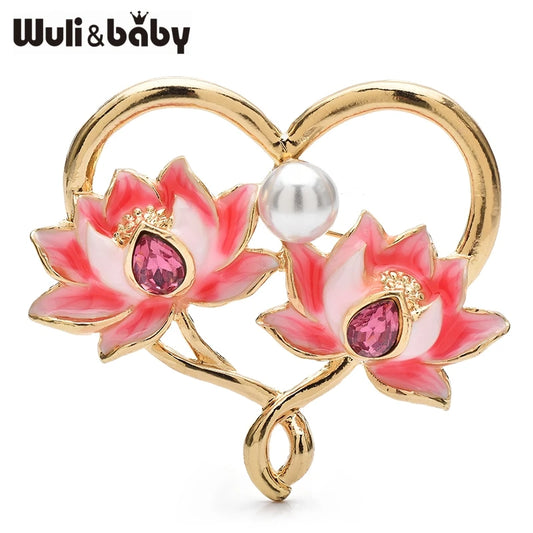 Wuli&baby Enamel Lotus Heart Brooches For Women Lady Pink Flowers Love Office Casual Brooch Pins Gifts