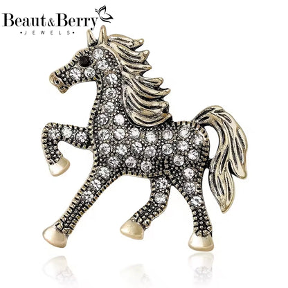 Beaut&Berry Classic Rhinestone Horse Brooches for Women Zodiac Animal Lapel Pins Casual Party Accessories New Year Gifts Friends