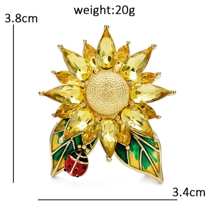 Wuli&baby Crystal Sunflower Brooches For Women Unisex Lovely Ladybug And Flower Office Party Brooch Pin Gifts