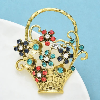 Wuli&baby Vintage Beautiful Flower Basket Brooches Alloy Rhinestone Plants Party Casual Brooch Pins Gifts