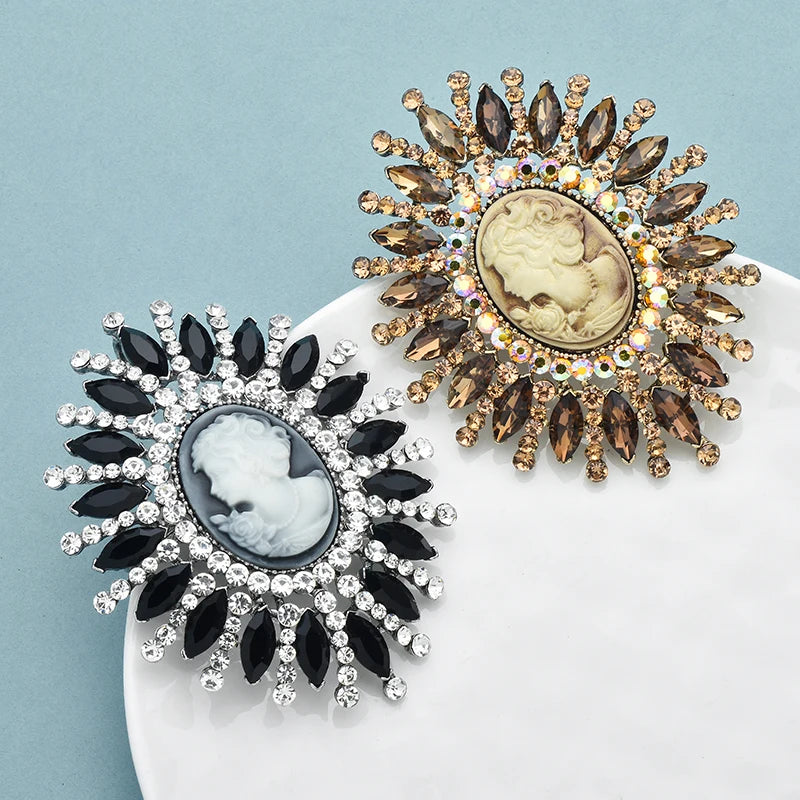 Wuli&baby Huge Rhinestone Lady Portrait Round Brooches 2-color Big Beautiful Lady Picture Brooch For Women's Winter Clothes Pins