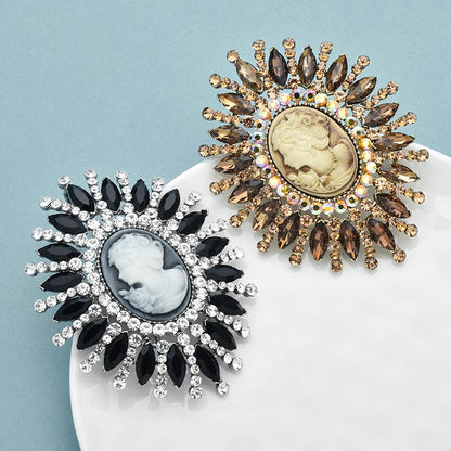 Wuli&baby Huge Rhinestone Lady Portrait Round Brooches 2-color Big Beautiful Lady Picture Brooch For Women's Winter Clothes Pins