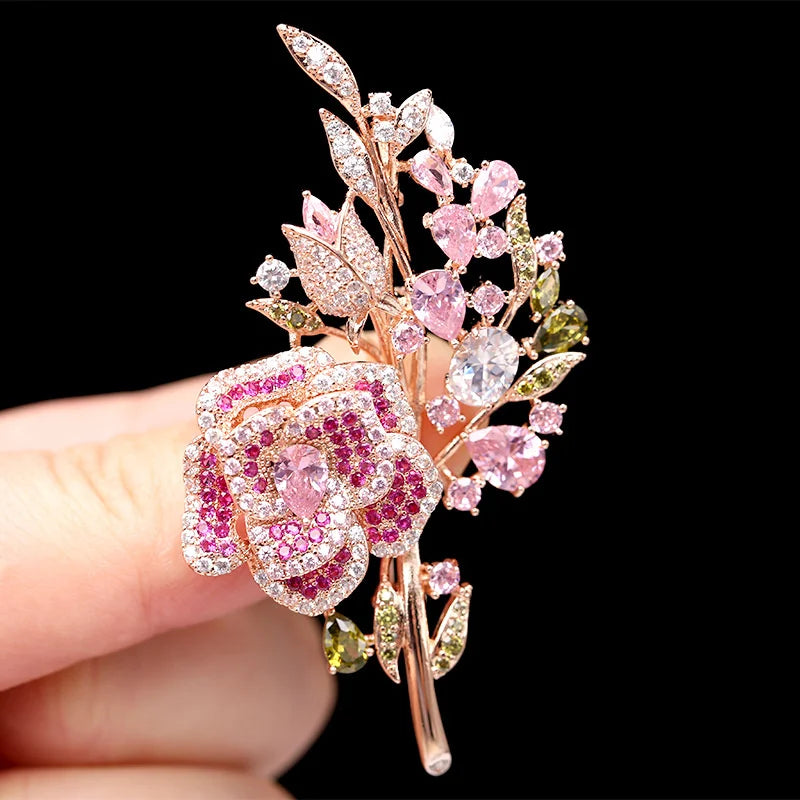 Vintage Pink Rhinestone Rose Bouquet Flower Brooches For Women Lady Elegant Water Drop Crystal Leaf Brooch Banquet Party Jewelry