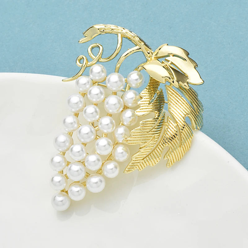 Wuli&baby Pearl Grape Brooches For Women Unisex Palace Style Fruits Flower Party Casual Brooch Pins Gifts