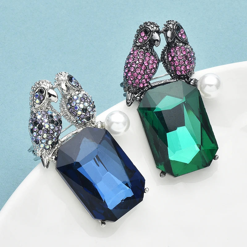 Wuli&baby 2 Birds Singing On Crystal Brooches Pins 2-color Beautiful Rhinestone Animal For Women's Clothes Backpack Badge Gifts