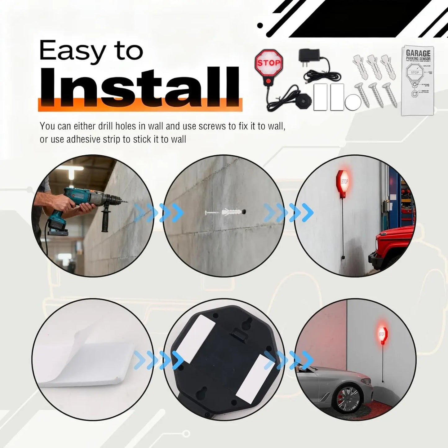 Garage Parking Sensor: Ultra-Precise LED Guidance with Fully Adjustable Stopping Point 6in to 6.5ft - Dual-Power Flexibility