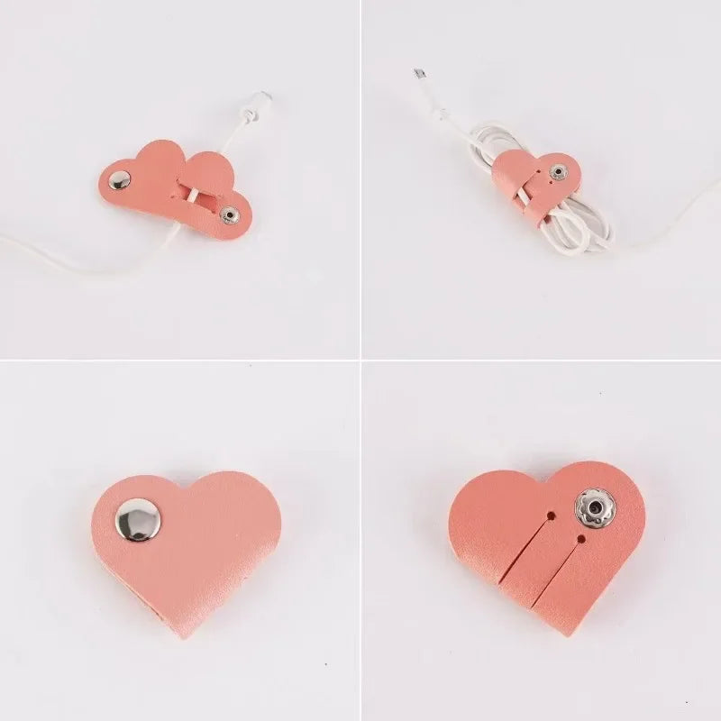 3pcs Heart-Shaped Faux Leather Cable Cord Winder Organizer Cable Management Clips for Headphones