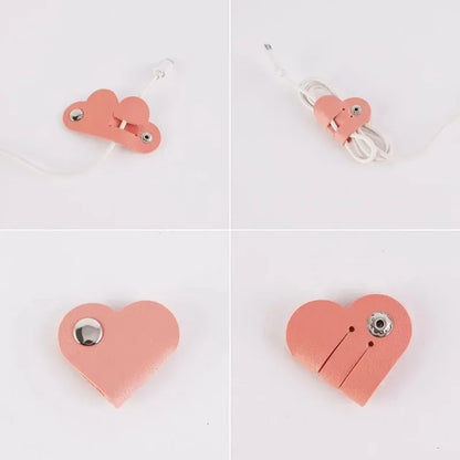 3pcs Heart-Shaped Faux Leather Cable Cord Winder Organizer Cable Management Clips for Headphones