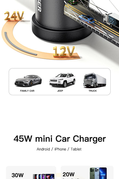 Essager USB C Car Charger 45W 5A Quick Charge 4.0 QC PD 3.0 SCP USB Type C Fast Charging For iPhone14 13 Huawei Samsung Xiaomi