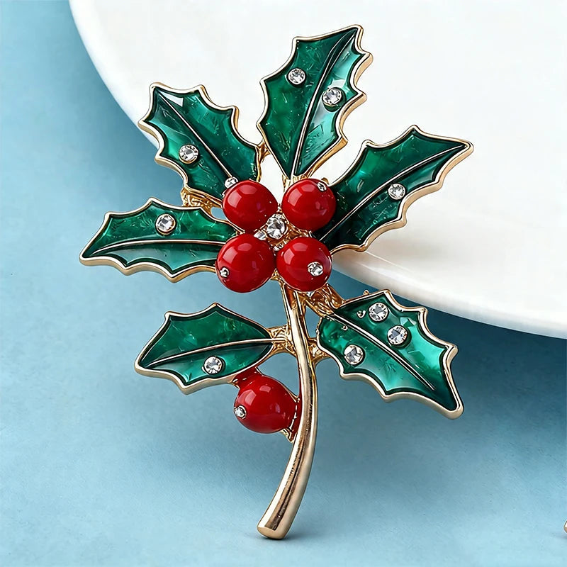 Wuli&baby December Birthday Flower Brooches Enamel Holly Winter Plants Party Casual Brooch Pins Gifts