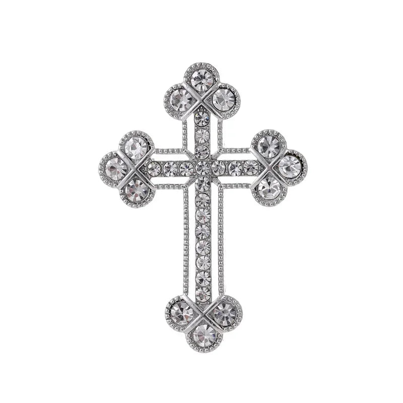 Luxury Vintage Court Cross Brooch Baroque Openwork Shiny Crystal Pearl Pin Men's and Women's Metal Enamel Jewelry Gifts