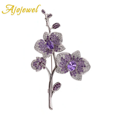 Ajojewel Purple Flowers Crystal Brooch Phalaenopsis Bouquet Pin Elegant Party Jewelry Christmas Gift Woman Birthday
