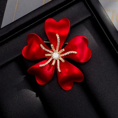 Elegant Rhinestone Flower Brooches for Lady Women Red Petals Pins Plants Party Office Jewelry Gifts