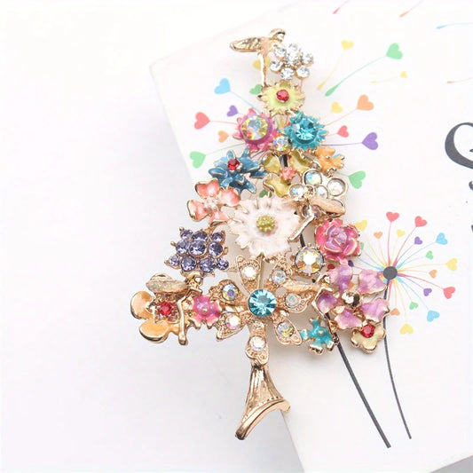 Vintage Flower Tree Enamel Brooch, Gold-Tone Multi-Color Rhinestone Design, Women's Fashion Accessory for Christmas Party Gift