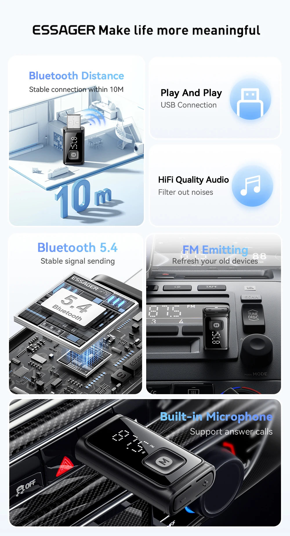 Essager Wireless Bluetooth 5.4 Car Adapter FM Transmitter Adapter Auto Connection Audio Receiver Auto Stereo Mic Car Adapter